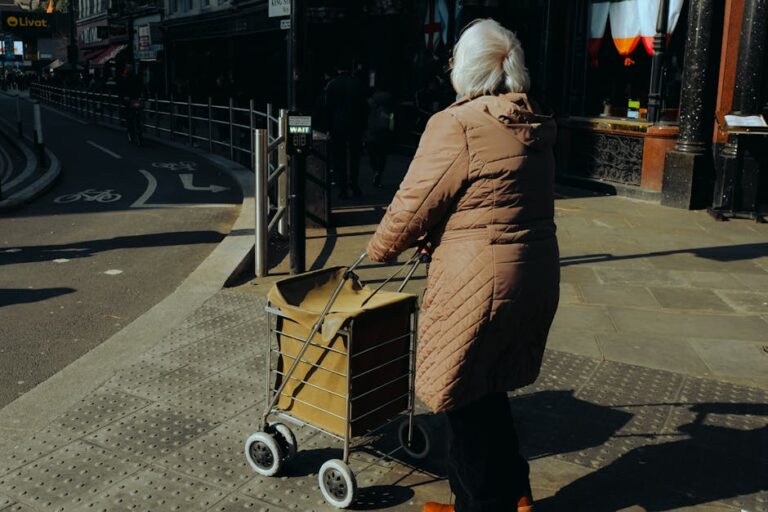 Chariot de courses léger pour senior : guide d'achat 2026 - Elderly woman pushing a cart on a sunny city sidewalk, showcasing urban life.