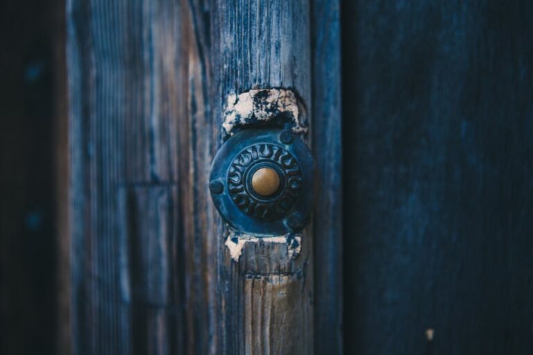 Visiophone & sonnette amplifiée senior / PMR : guide 2026 - Close-up of an antique doorbell on a rustic wooden door, vintage style.